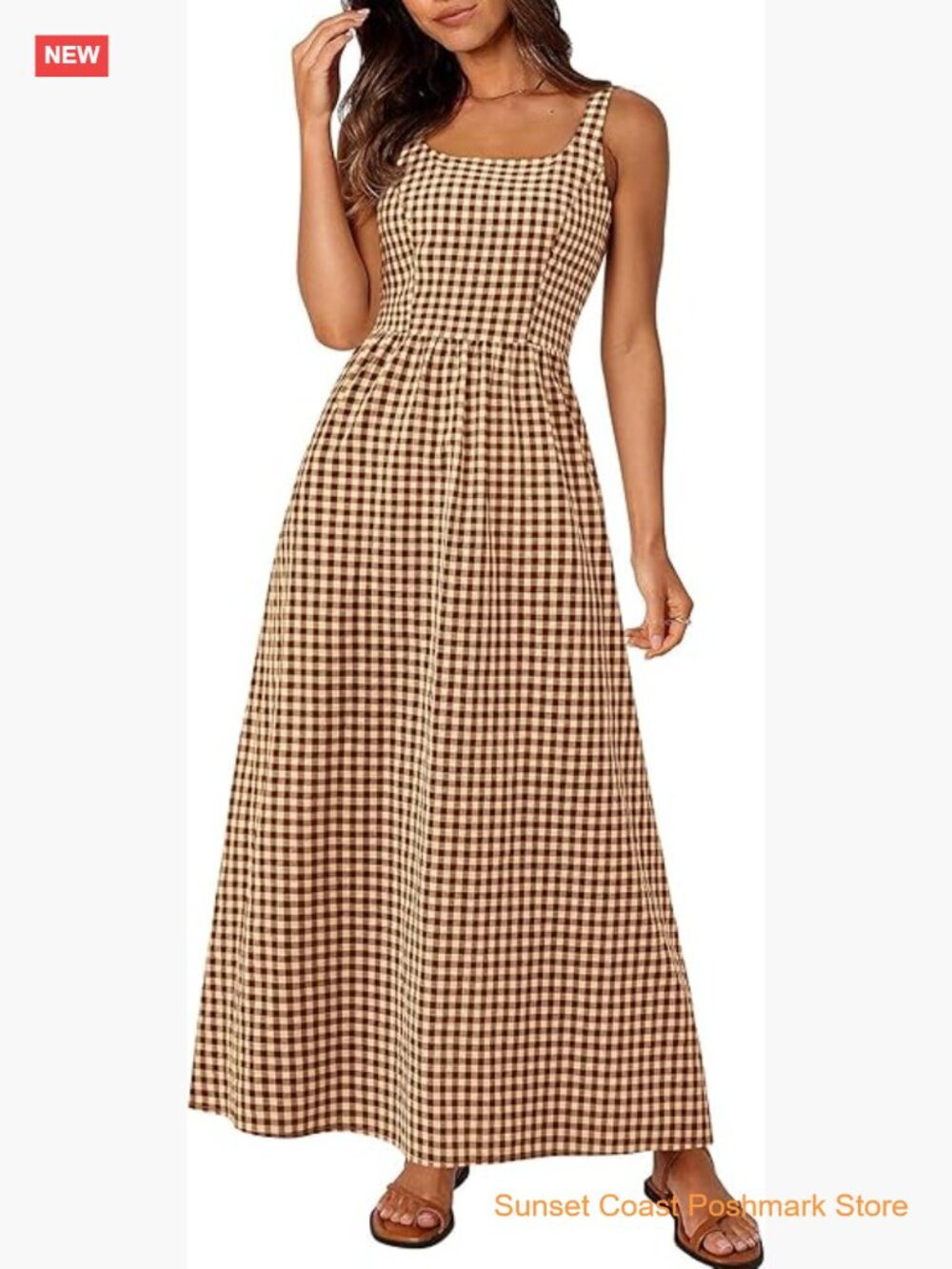 Spaghetti Strap Maxi Dress Plaid Square Neck A Line Casual Beach Vacation Long